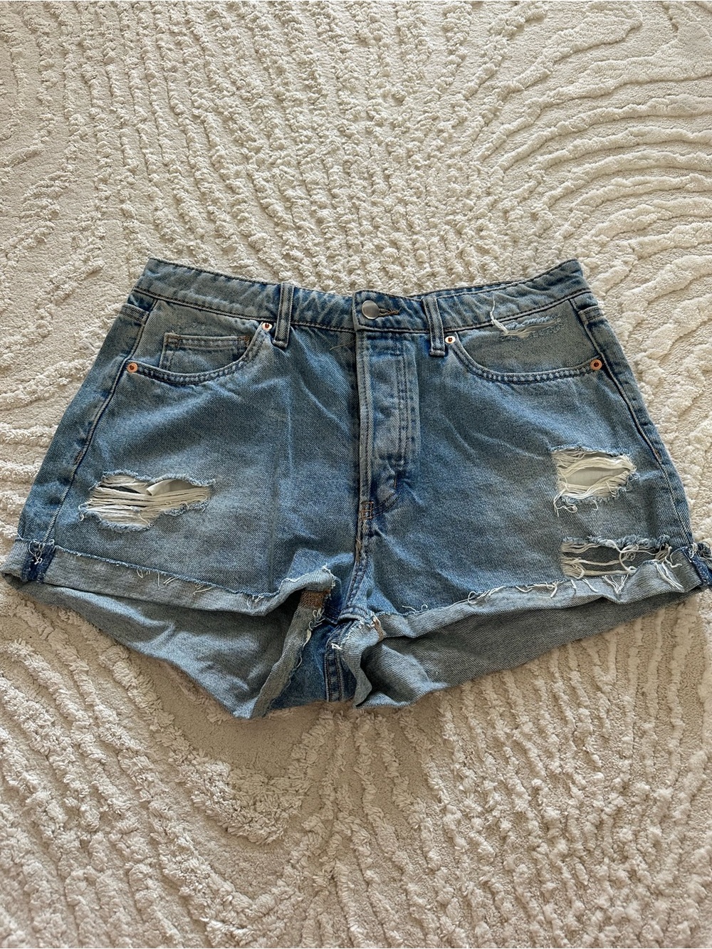 H&M Light Blue Distressed Denim Roll-Hem Shorts
